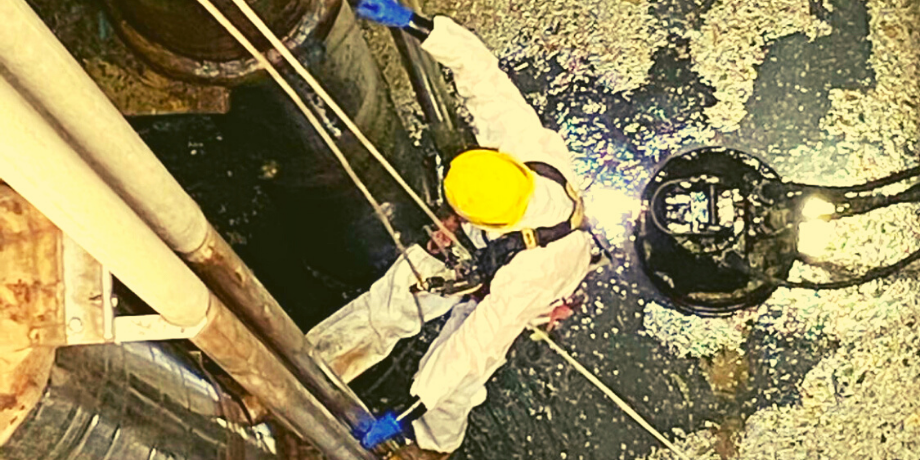 Rope access worker descending into water treatment well